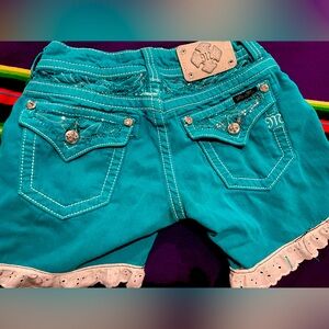 Miss Me Jeans, Peacock Teal Turquoise Jean Shorts. Sz 26, $20